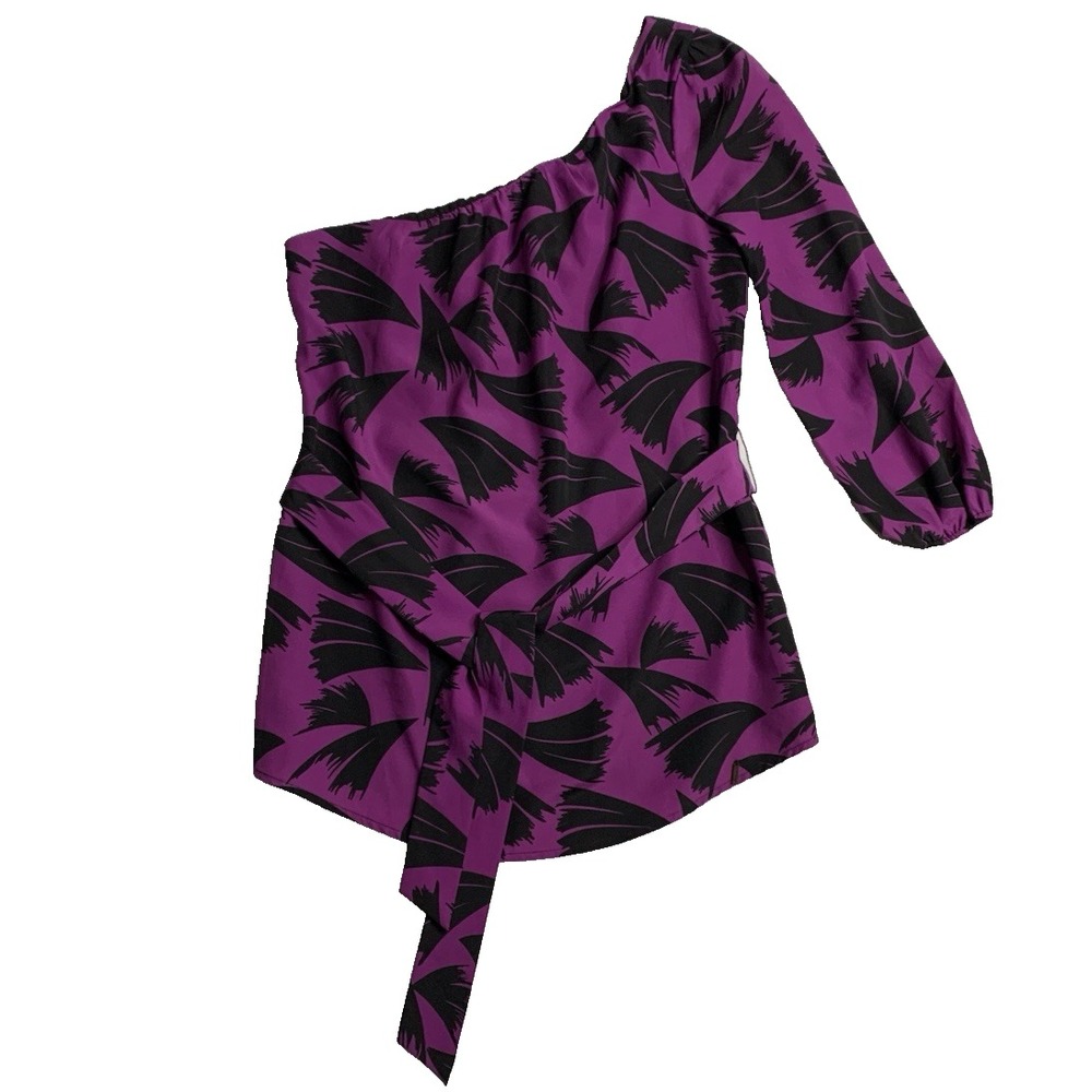 Guess One Shoulder Top Women's Small Purple 3/4 Sleeve Waist Tie Office Casual